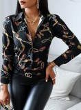 Fall Elegant Retro Chain Pirnted Black Long Sleeve Shirt