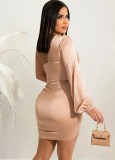 Fall Sexy Apricot Hollow Out One Shoulder Club Dress