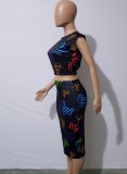 Fall Sexy Multicolor Letter Printed Black Sleeveless Crop Top and Pencil Skirt Set