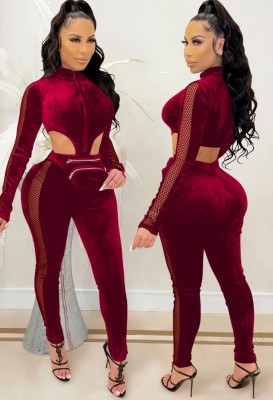 Fall Sexy Red Velvet Zipper Cutout Pocket Jumpsuit