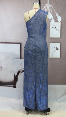 Summer Elegant Blue Sequins Ruffles Slit Evening Dress
