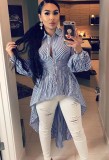 Fall Fashion Blue Stripe Long Sleeve Irregular Buttom Shirt Dress