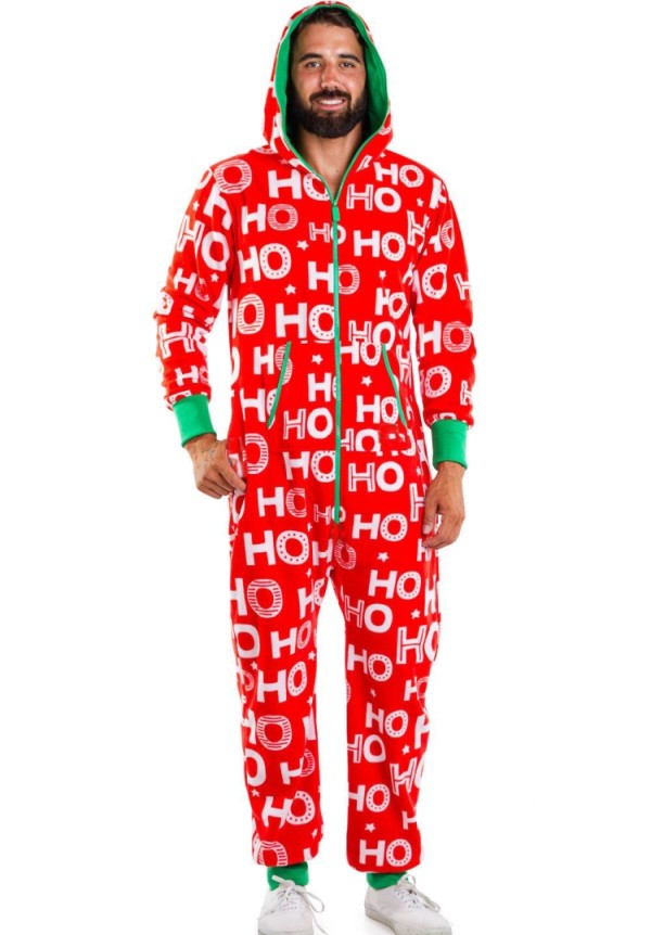 Men'S Christams Red Letter Print Long Sleeve Zipper Hood Onesies Jumpsuit