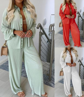Fall Casual White Ribbed Shirt And Loose Pant Two Piece Set