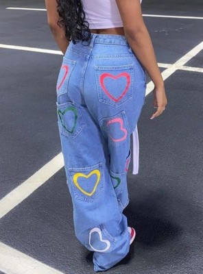 Fall Casual Blue Colorful Heart Print Loose Jeans
