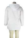 Winter Plus Size Casual White Pocket With Zipper Hood Loose Long Sleeve Mini Dress