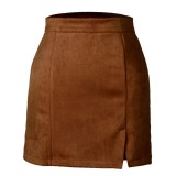 Summer Sexy Brown Solid Slit Mini Skirt
