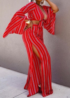 Fall Sexy Red Stripe Long Sleeve Crop Top And Loose Pant Two Piece Set