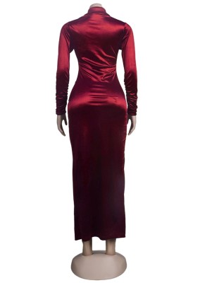 Winter Elegant Red Button Full Open Long Sleeve Long Dress