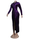 Winter Elegant Purple Button Full Open Long Sleeve Long Dress