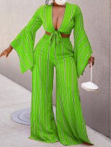 Fall Sexy Green Stripe Long Sleeve Crop Top And Loose Pant Two Piece Set
