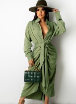 Fall Elegant Green Button Open With Belt Long Sleeve Long Dress