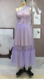 Summer Elegant Puprle Mesh Ruffles Sleeveless Dress