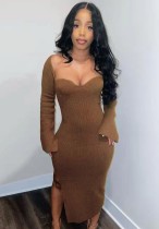 Winter Sexy Brown Long Sleeve Slit Long Dress