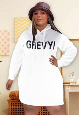 Winter Plus Size Casual White Letter Print Long Sleeve Hoodie Dress