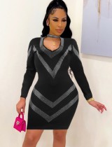 Winter Sexy Black Rhinestone Hollow Out Long Sleeve Bodycon Dress