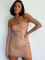 Fall Sexy Beige Off Shoulder Long Sleeve Mini Dress
