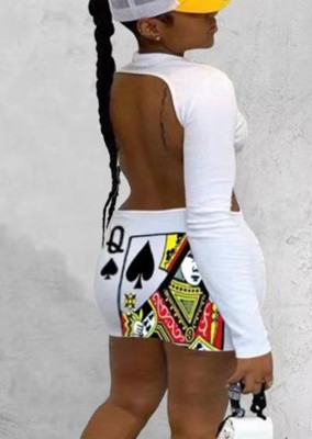 Fall Sexy White Backless Poker Print Long Sleeve Bodycon Dress