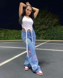 Fall Casual Blue Colorful Heart Print Loose Jeans