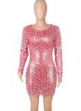 Fall Sexy Pink Hollow Out Long Sleeve Bodycon Dress