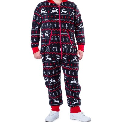 Men'S Christams Black Print Long Sleeve Zipper Hood Onesies Jumpsuit