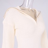Winter Casual Beige Zipper Hood Long Sleeve Hood Sweater
