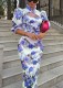 Fall Elegant Blue Flower Print High Collar Cut Out Half Sleeve Long Dress