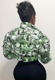 Winter Fashion Green Print Long Sleeve Short Padding Jacket