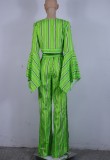 Fall Sexy Green Stripe Long Sleeve Crop Top And Loose Pant Two Piece Set