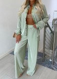 Fall Casual Green Ribbed Shirt And Loose Pant Two Piece Set
