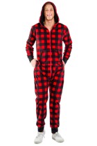 Men'S Christams Red Plaid Long Sleeve Zipper Hood Onesies Jumpsuit