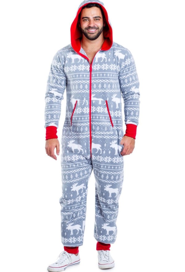 Men'S Christams Grey Print Long Sleeve Zipper Hood Onesies Jumpsuit