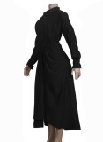 Fall Elegant Black Button Open With Belt Long Sleeve Long Dress