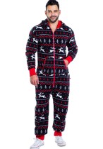 Men'S Christams Black Print Long Sleeve Zipper Hood Onesies Jumpsuit