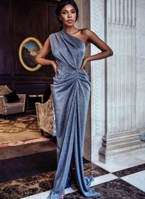 Summer Elegant Blue Sequins Ruffles Slit Evening Dress