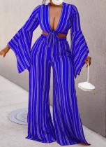 Fall Sexy Blue Stripe Long Sleeve Crop Top And Loose Pant Two Piece Set