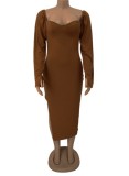 Winter Sexy Brown Long Sleeve Slit Long Dress