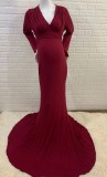 Fall Sexy Burgundy V-neck Full Sleeve Mermaid Maternity Evening Dress