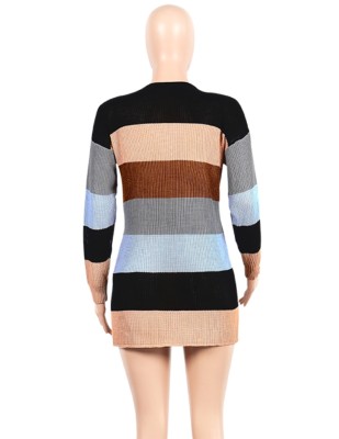 Winter Casual Multicolor Stripes Pocket Knitted Cardigan