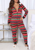Winter Red Christmas Zipper Sleeping Hoody Pajama Jumpsuit