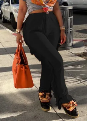 Winter Casual Black Tassels High Waist Loose Sweatpants