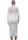 Fall Sexy White PU Patch Round Neck Full Sleeve Long Dress