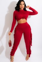 Fall Casual Red Round Neck Cropped Long Sleeve Top and Match Tassels Two Piece Pants Set