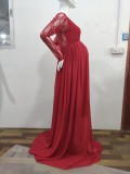 Fall Red Lace V-neck Full Sleeve Pregenant Evening Dress