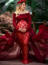 Fall Sexy Red Off Shoulder Full Sleeve Maternity Evening Dress