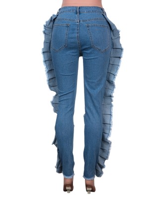 Fall Sexy Blue Hollout Out Ripped Ruffled Jeans
