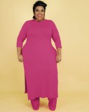Fall Plus Size Solid Rosy Red Round Neck Split Long Top and Matched Two Piece Pants Set