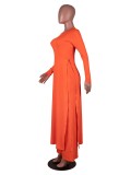 Fall Plus Size Solid Orange Round Neck Split Long Top and Matched Two Piece Pants Set