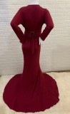 Fall Sexy Burgundy V-neck Full Sleeve Mermaid Maternity Evening Dress