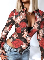 Fall Sexy Floral Zipper Long Sleeve Slim Bodysuit